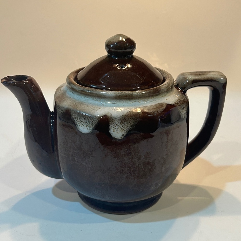 Vintage Brown & White Drip Glaze Ceramic Teapot w/ Lid Mid Century Modern Style